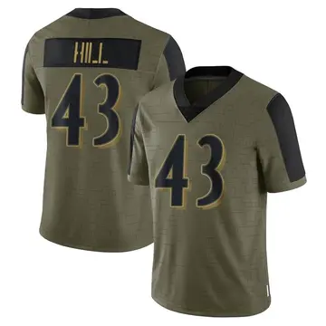Nike Justice Hill Men's Limited Baltimore Ravens Olive 2021 Salute To Service Jersey